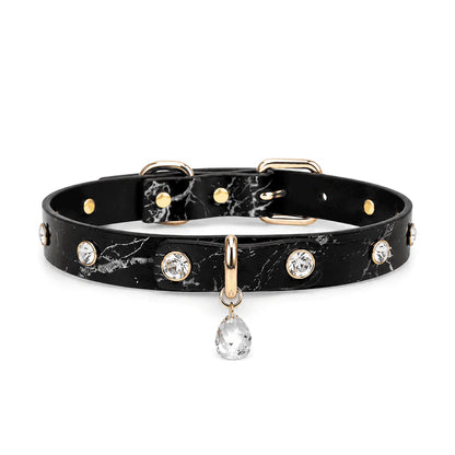 Collar BDSM de cuero con gema de mármol y correa — Collar llamativo con colgante de gema negra
