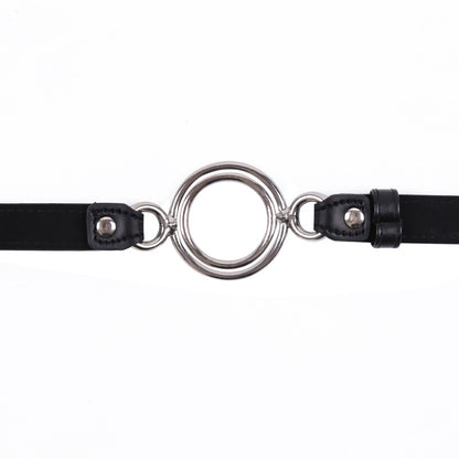 close-up of dual-diameter metal ring illustrating size variation and polished finish