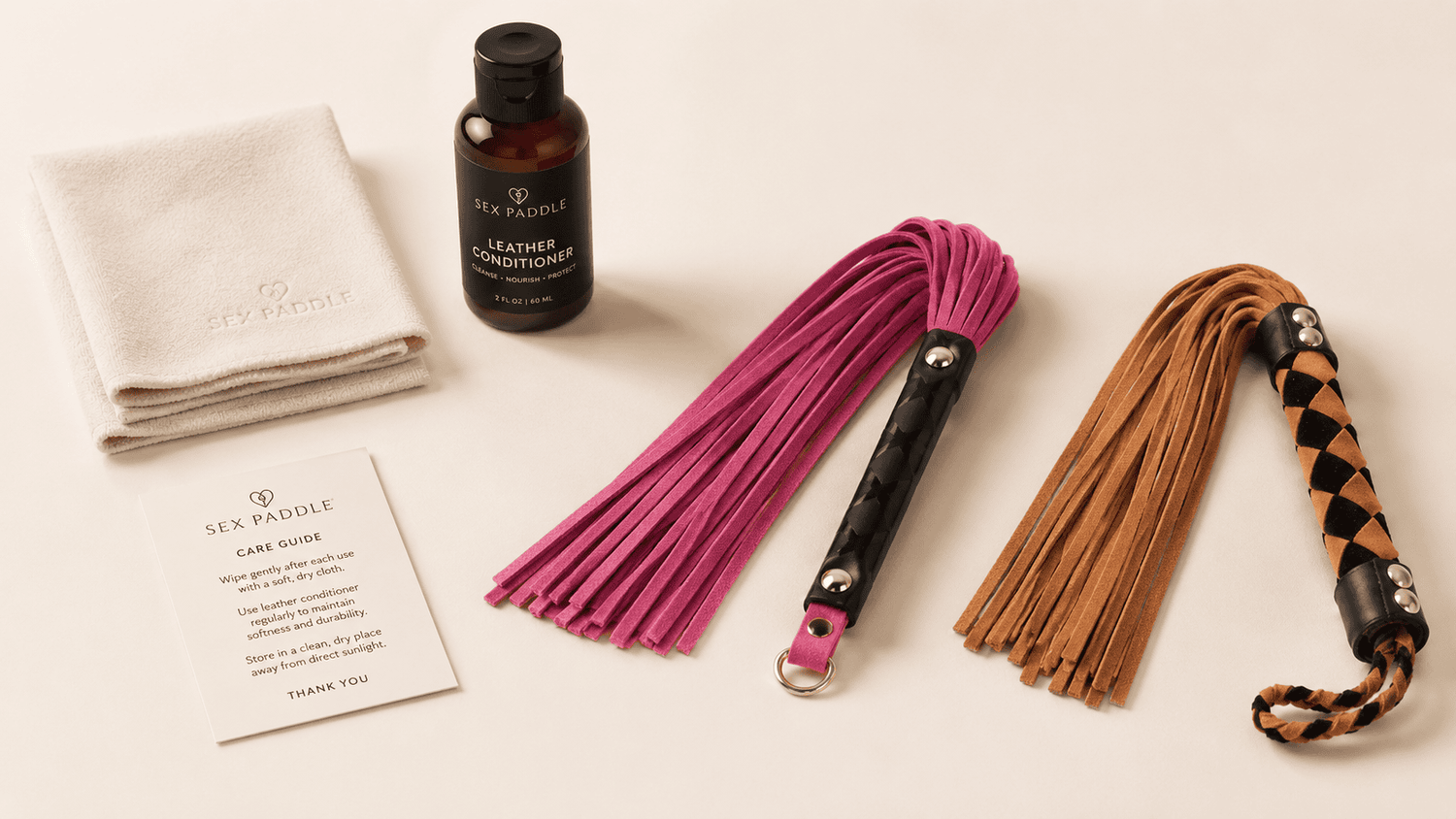 Mini floggers care setup with gentle cleaning and dry storage.