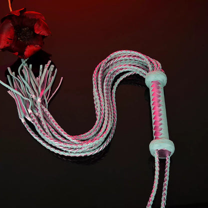 full display of handmade nine-tail leather flogger with tassel diffusion ends