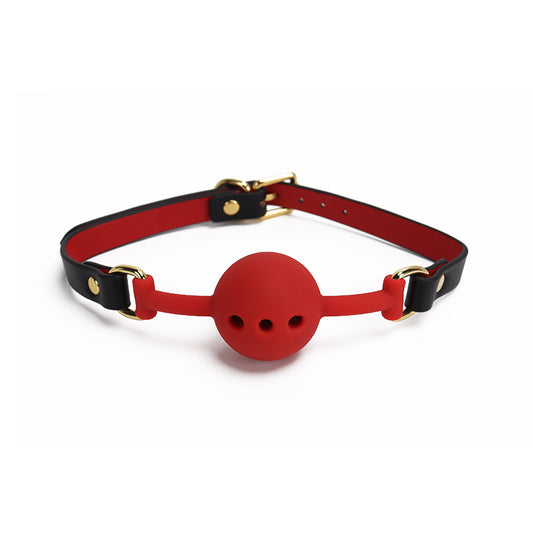 Red and black multicolor breathable silicone ball gag with 1.57-inch vented ball shown in a product view