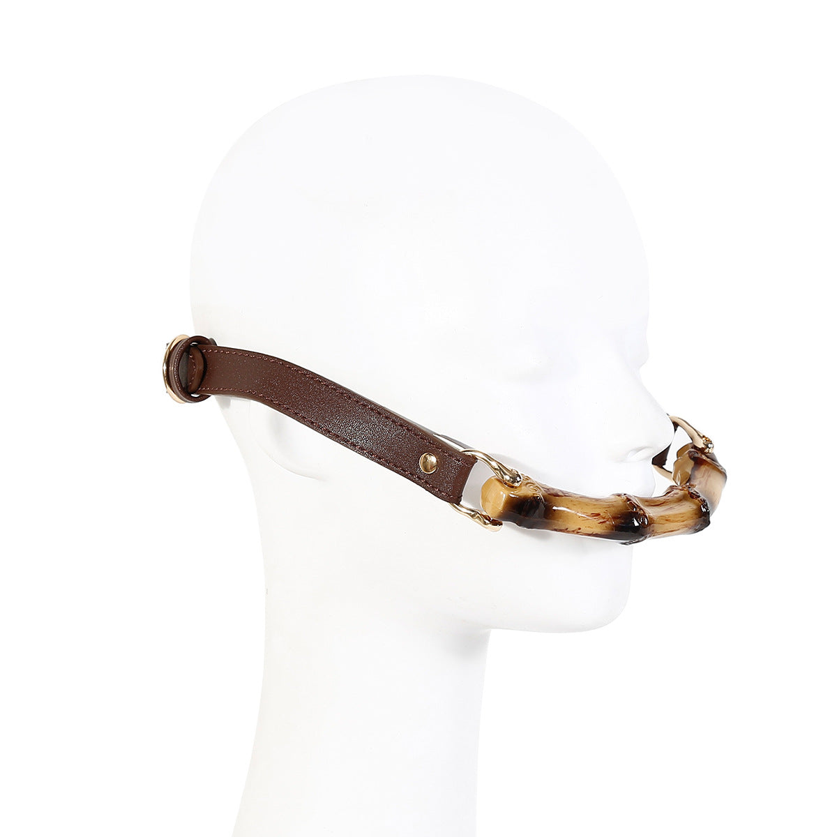 Natural bamboo ball gag worn to show fit and overall design
