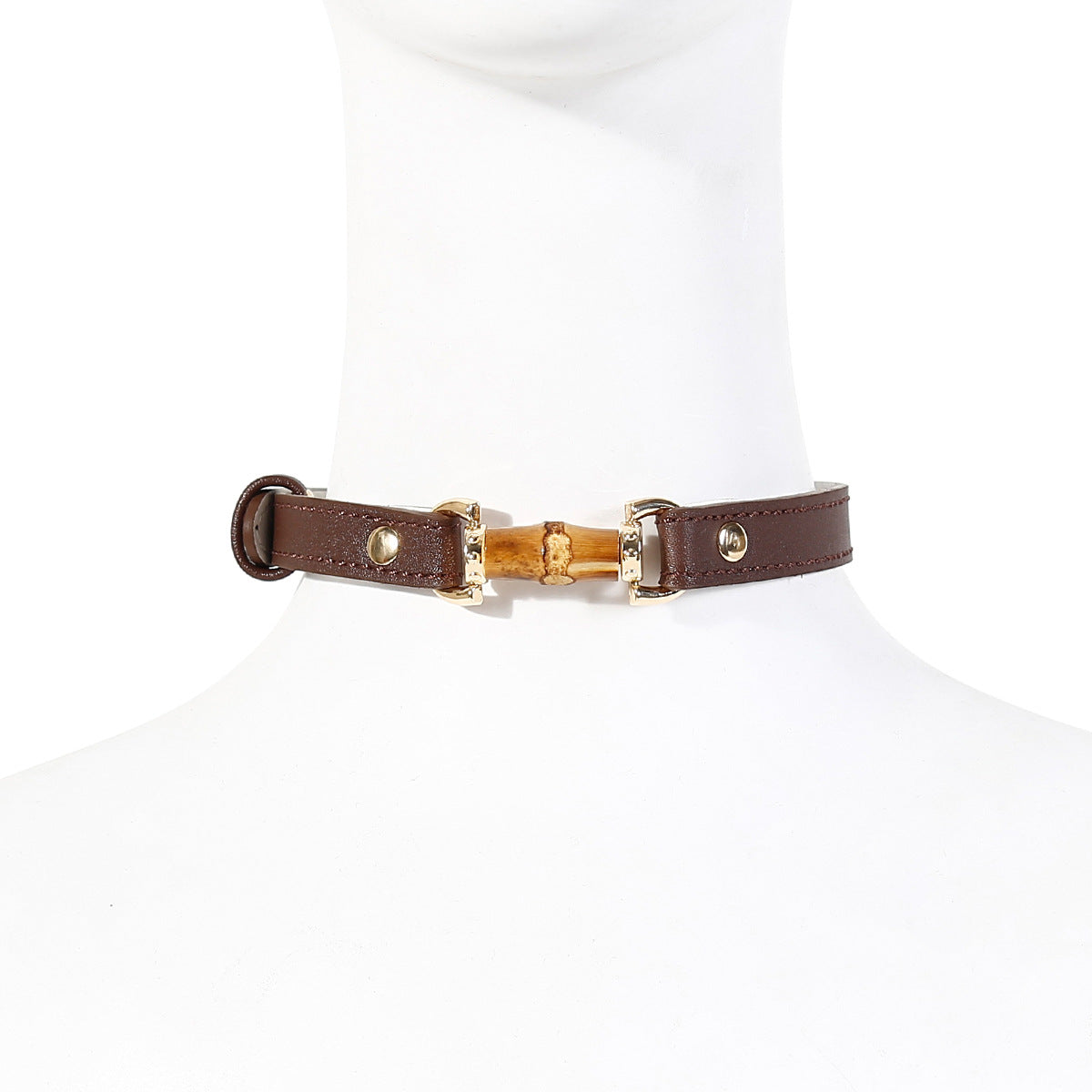 Alternative worn view of the natural bamboo ball gag with polished bamboo bar mouthpiece