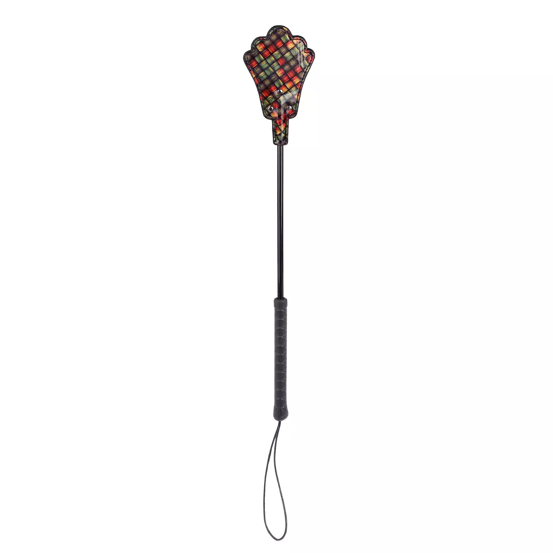 Front view of neon green plaid riding crop