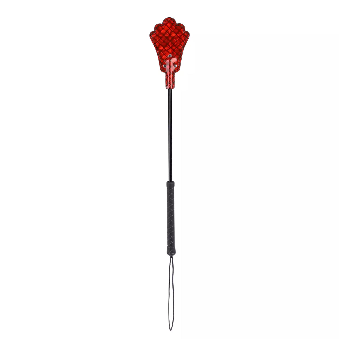 Front view of neon red plaid riding crop showing fan head