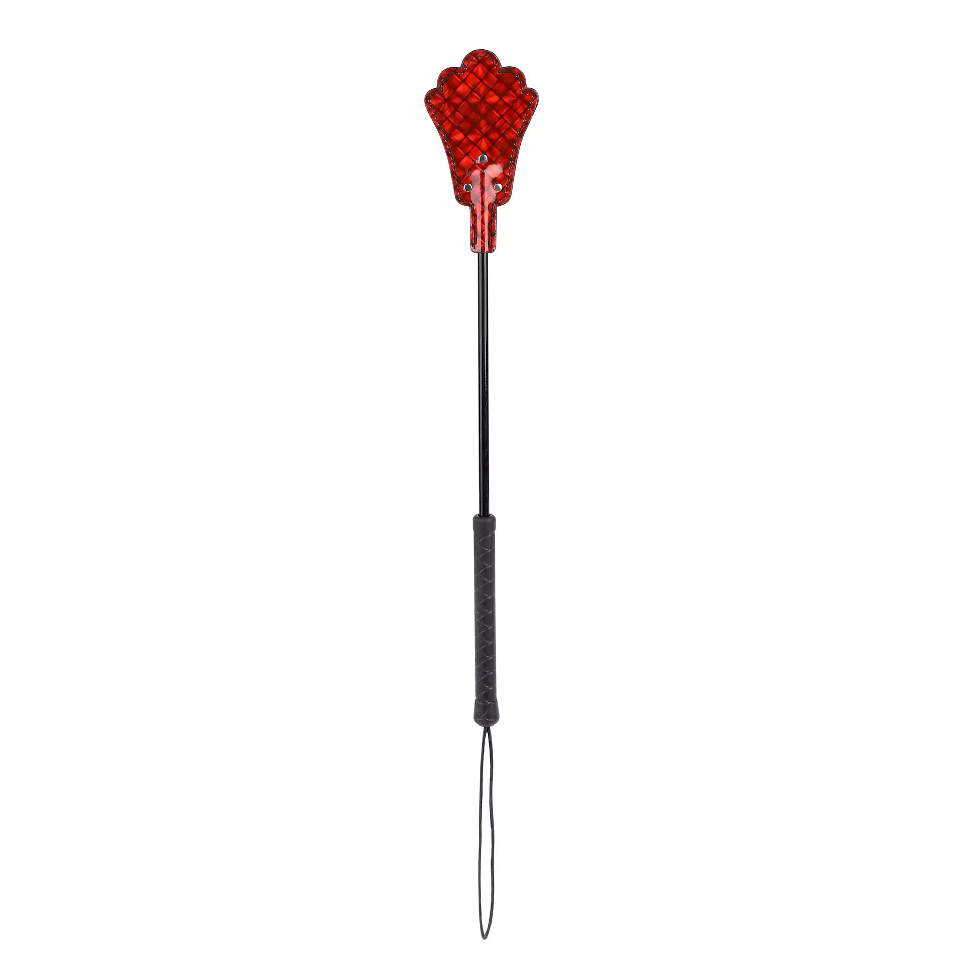 Front view of neon red plaid riding crop showing fan head