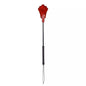 Front view of neon red plaid riding crop showing fan head