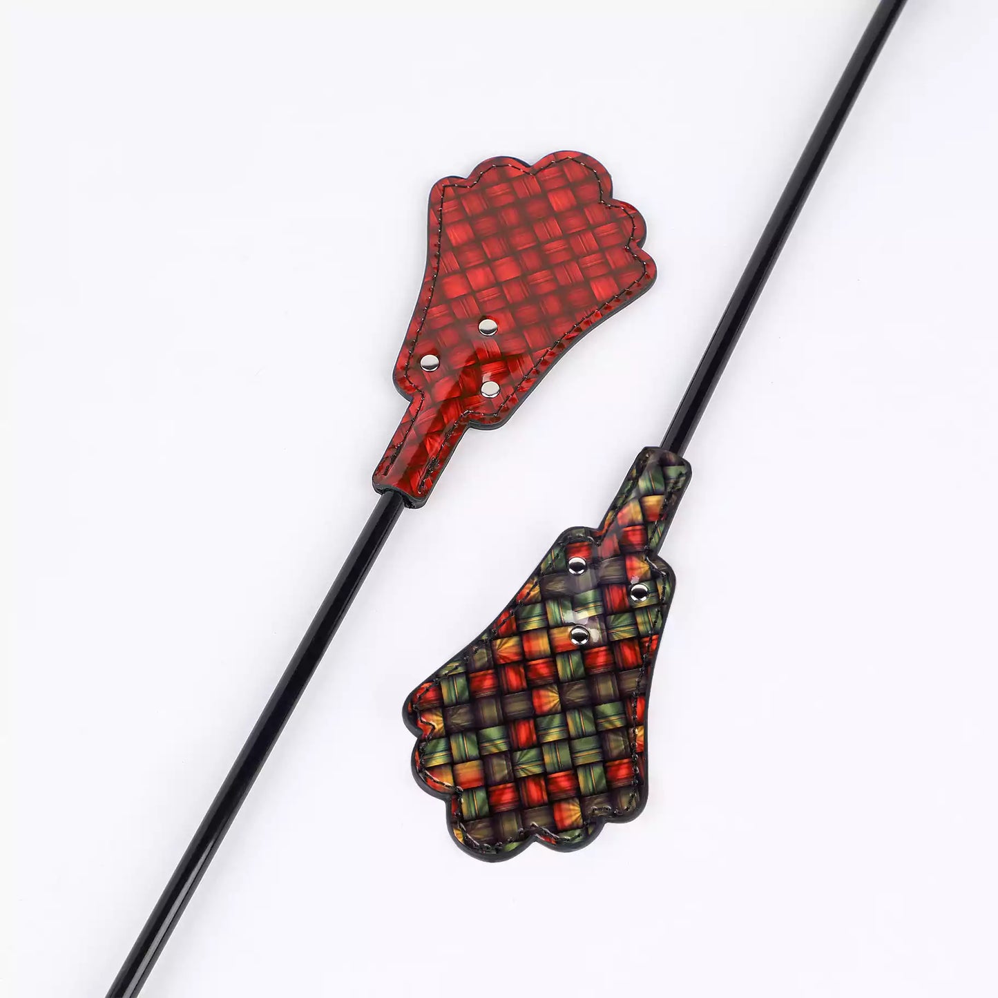 Neon red and neon green plaid riding crop comparison side by side