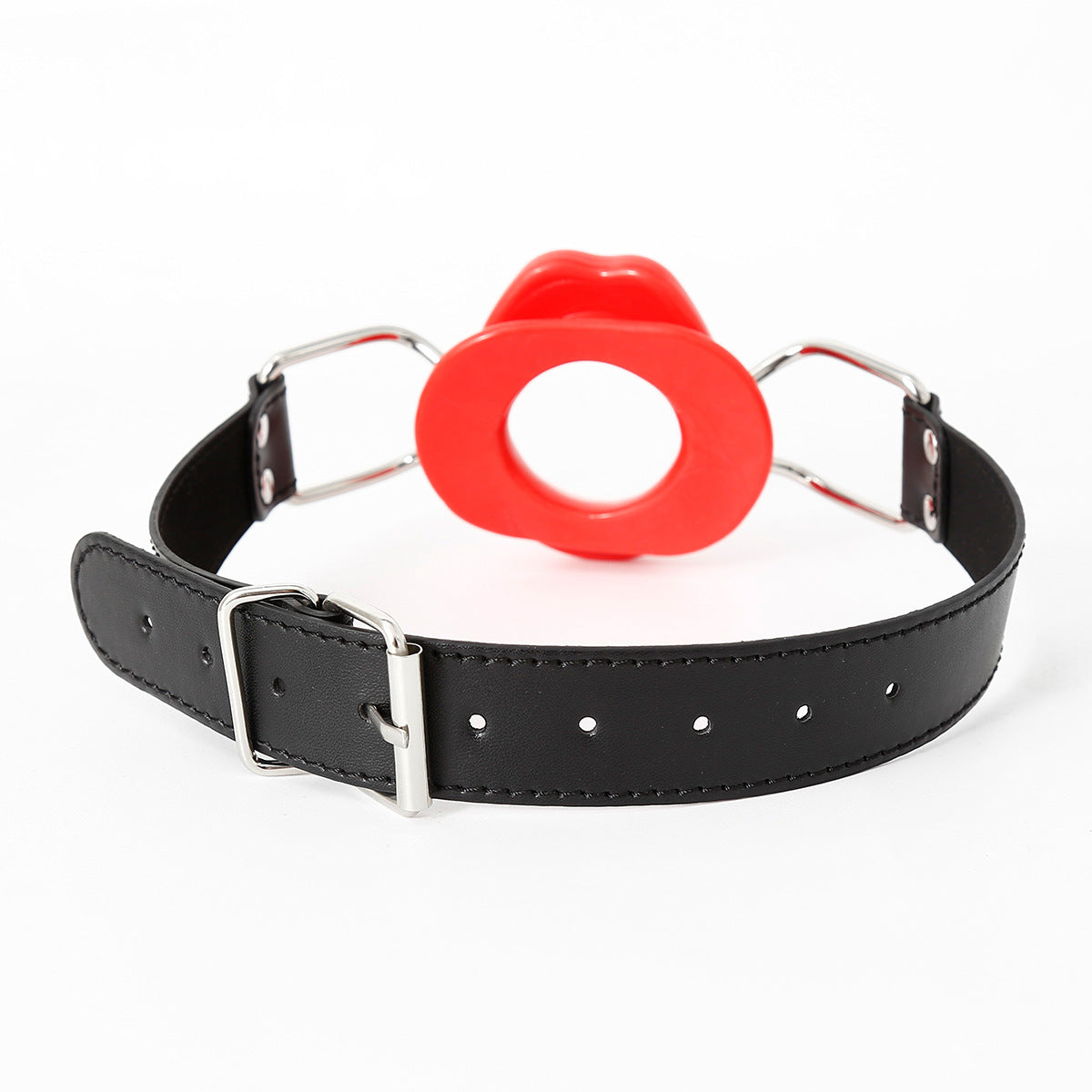 Rear view of the red open-lip silicone mouth gag showing its back structure and sculpted lip frame