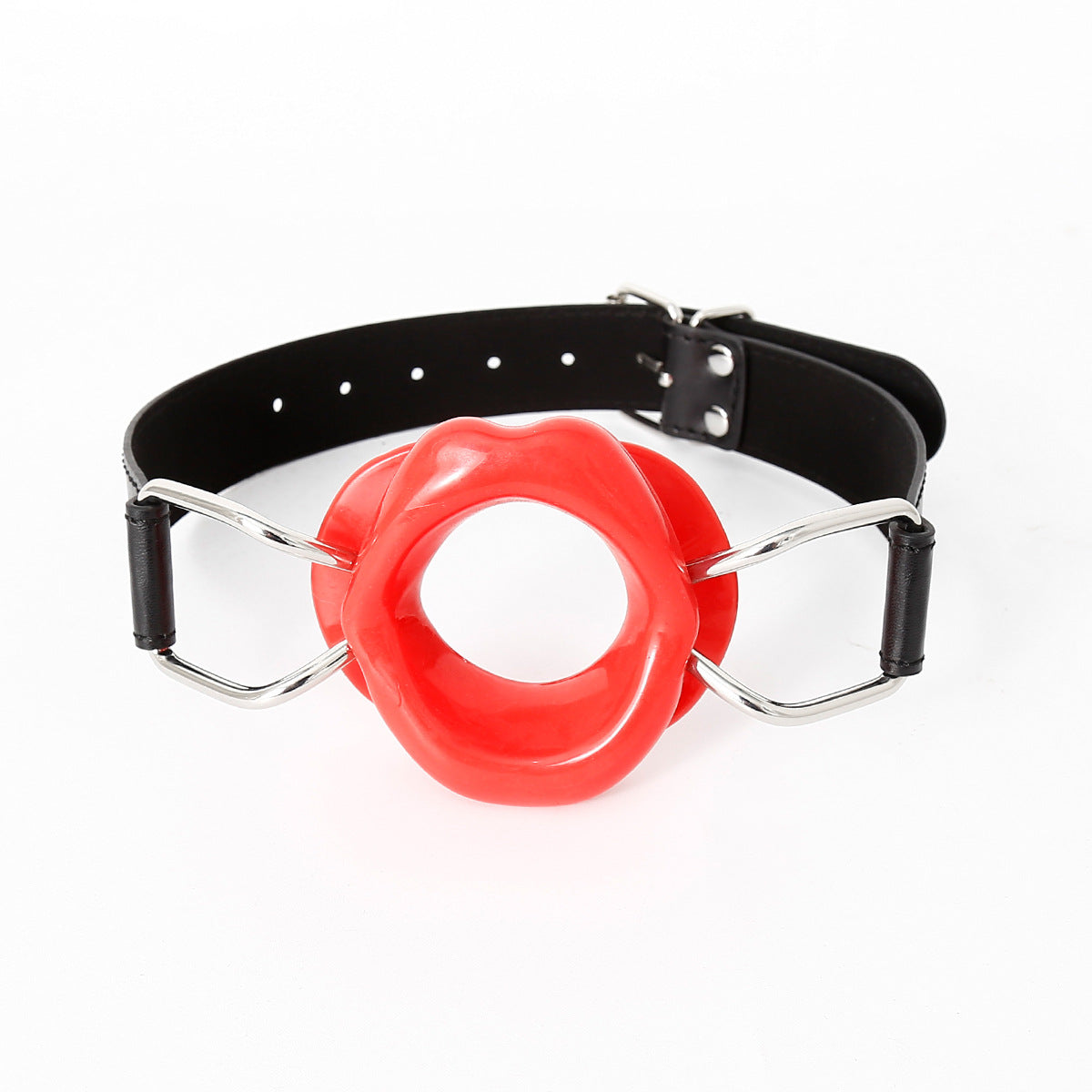 Red open-lip silicone mouth gag with sculpted lip frame displayed on a clean white background
