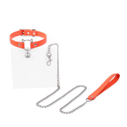 Orange Faux Leather Roleplay Collar with metal bell and 47.2 inch leash