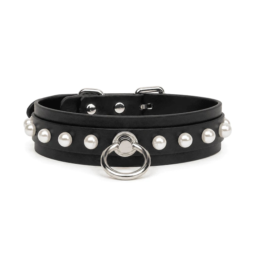 Pearl Leather BDSM Collar with Leash — Pearl-Accented Soft Statement Collar