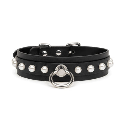 Collar BDSM de cuero perlado con correa — Collar llamativo y suave con detalles de perlas