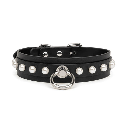 Pearl Leather BDSM Collar with Leash — Pearl-Accented Soft Statement Collar