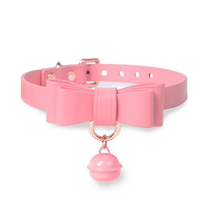 Pink leather BDSM collar with bow and bell full view