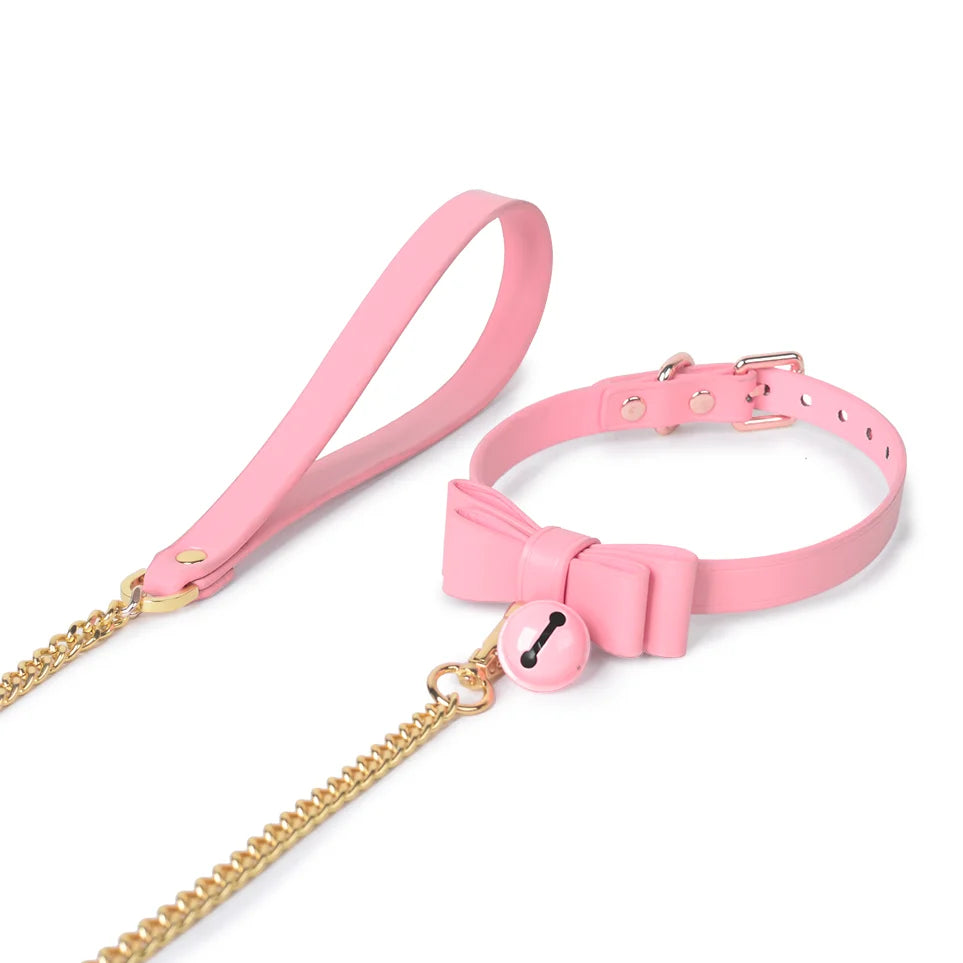 Pink bell bow collar with leash full view