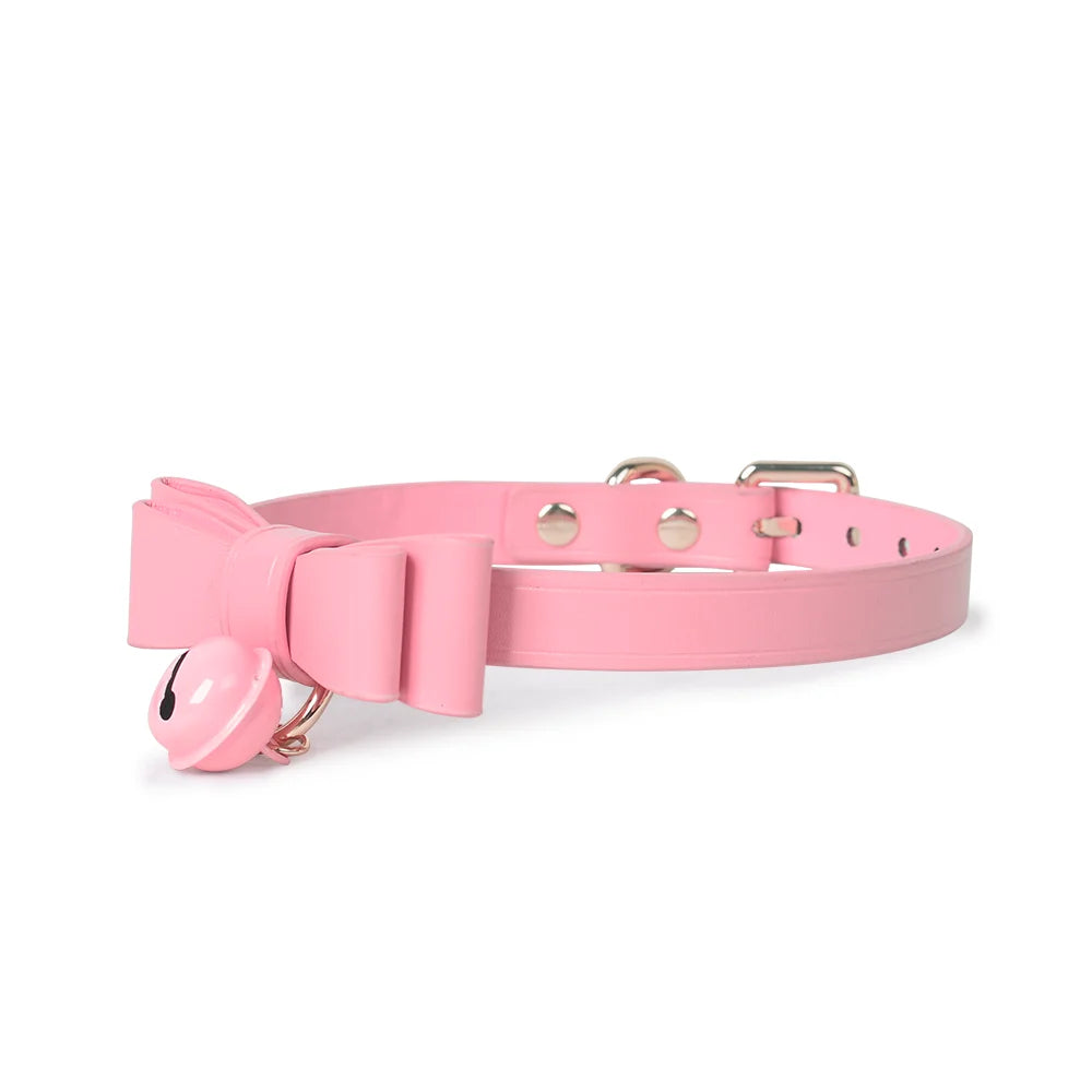 Side profile view of pink bell bow BDSM collar