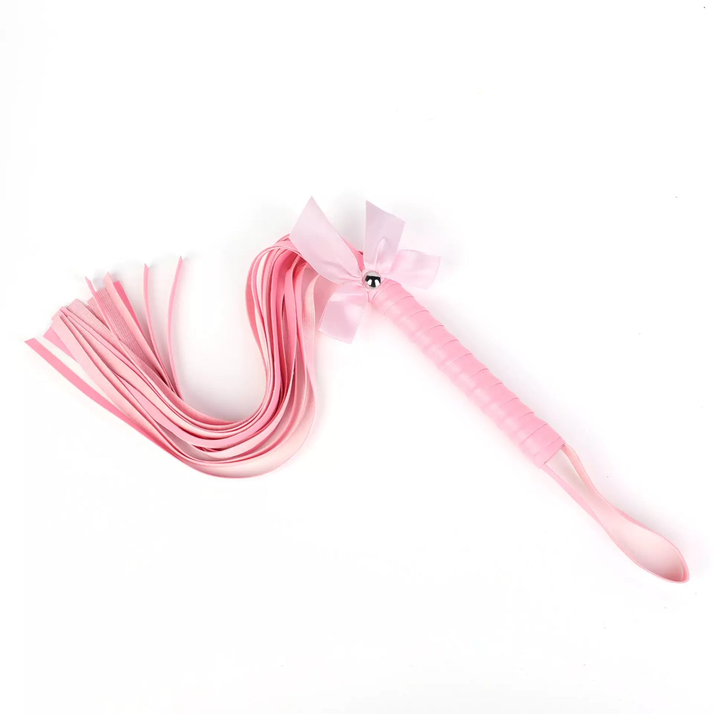 Pink bow-tie fringe BDSM flogger full view under studio lighting