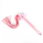 Pink bow-tie fringe BDSM flogger full view under studio lighting