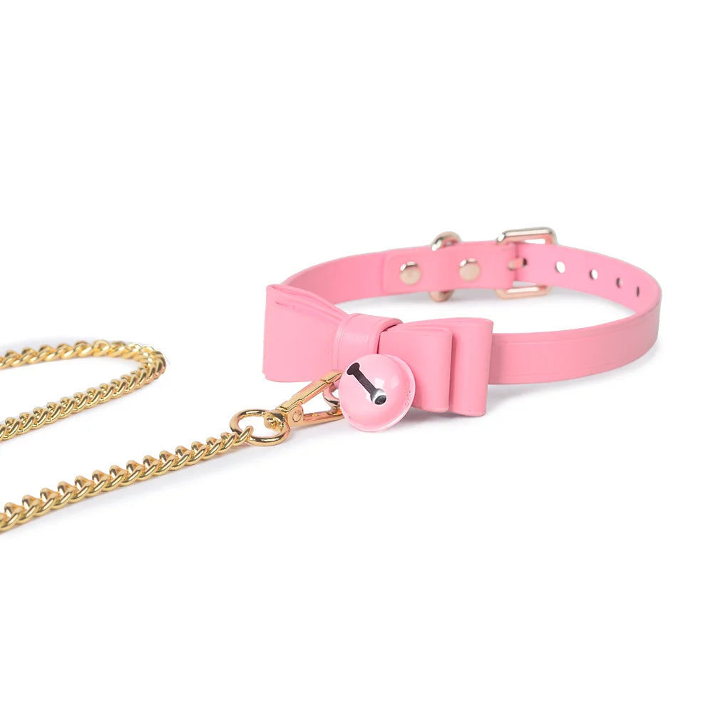 Detail of pink leather collar and leash attachment