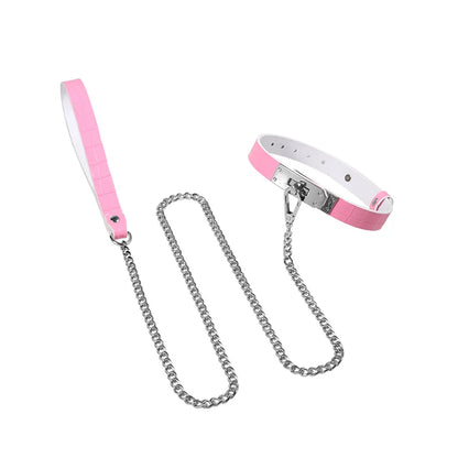Angled view of the pink crocodile-pattern collar