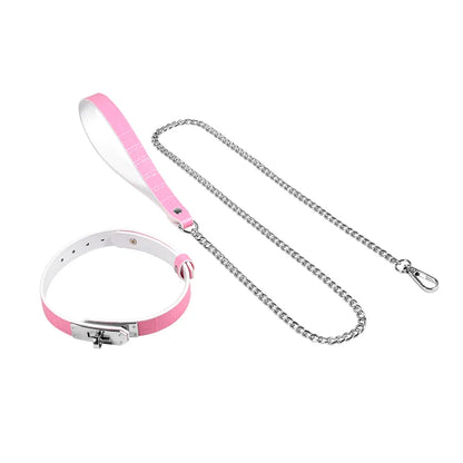 Full view of the pink crocodile-pattern collar and matching leash