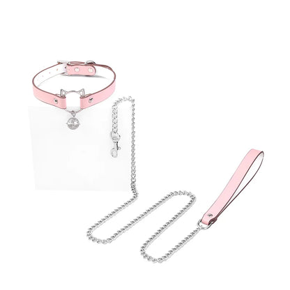 Pink Faux Leather Kitten Bell Roleplay Collar with metal bell and leash