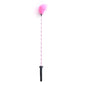 Front view of pink feather riding crop with pink-black shaft
