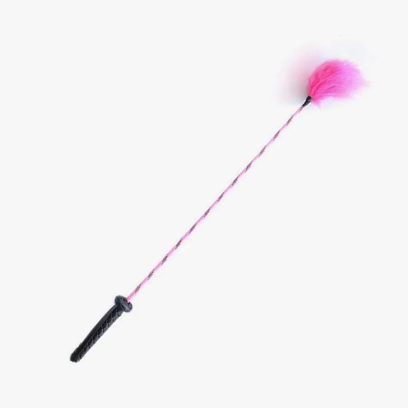 Pink feather riding crop full view showing 29.5-inch length