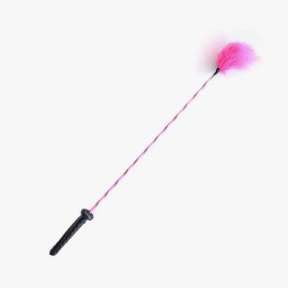 Pink feather riding crop full view showing 29.5-inch length