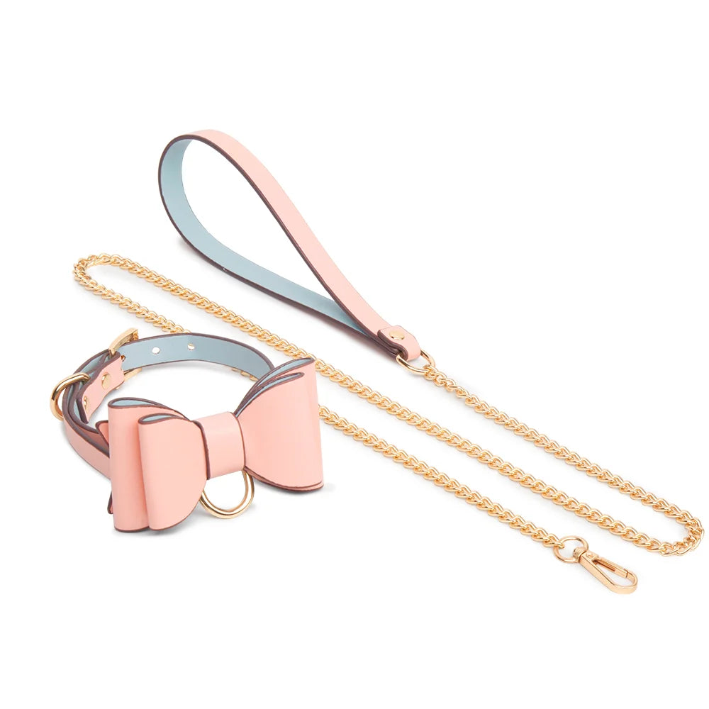 Pink glossy bow collar set with leash full view