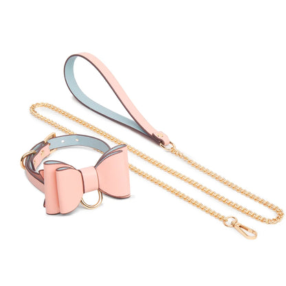 Pink glossy bow collar set with leash full view
