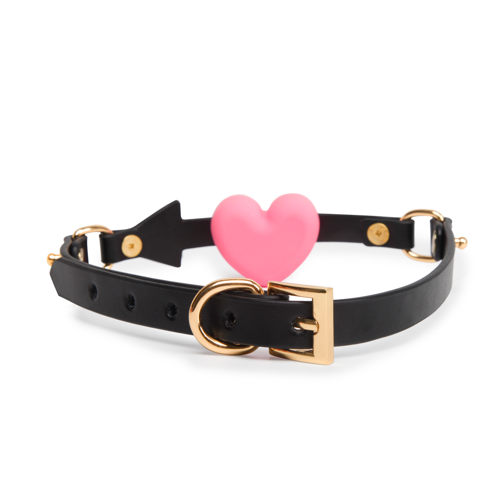 Pink heart silicone gag with black leather strap display