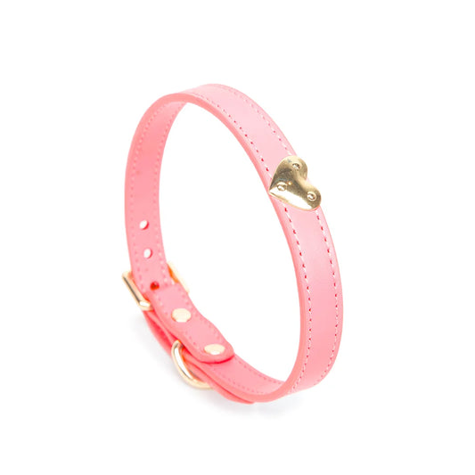 Pink heart leather BDSM collar full front view