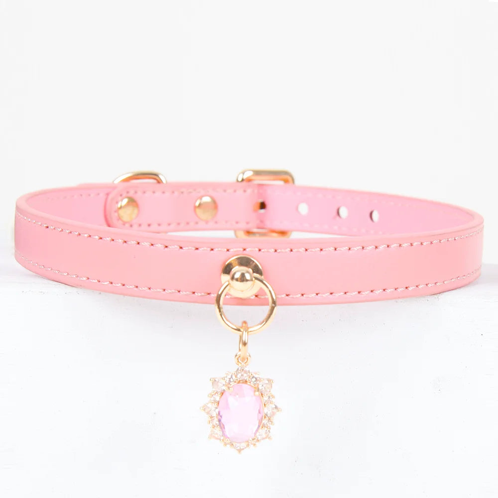 Pink leather collar with pink gem pendant full view