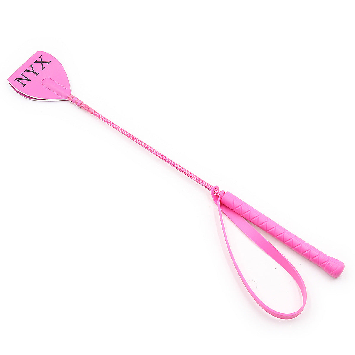 Angled view of pink Lexan BDSM riding crop showing hybrid construction
