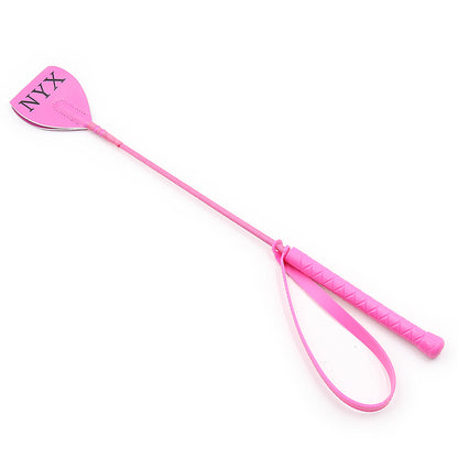 Angled view of pink Lexan BDSM riding crop showing hybrid construction