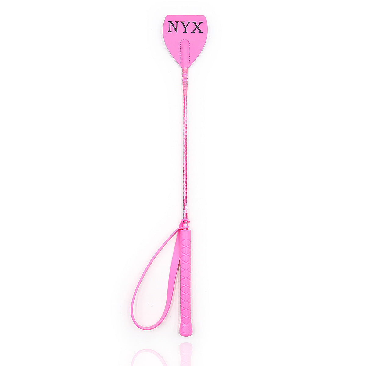 Second full view of pink Lexan riding crop showing compact 18.3-inch length