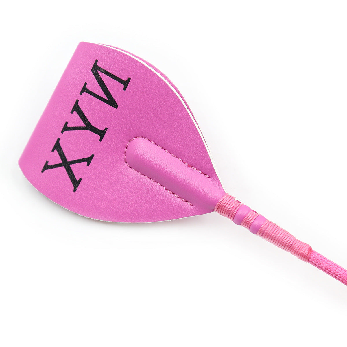Close-up of triangular faux leather tip on pink Lexan riding crop