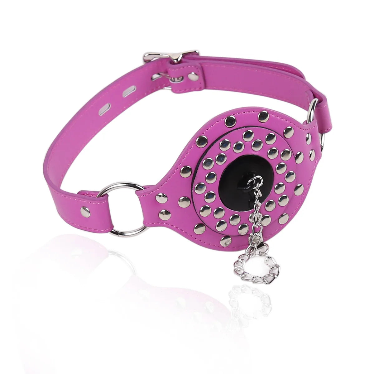 pink muzzle gag with removable silicone mouthpiece displayed separately