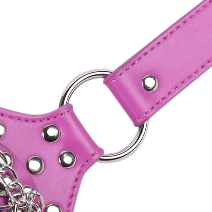 close-up of studded faux leather detailing on pink muzzle gag