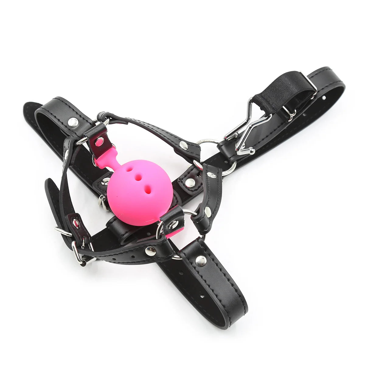 Front view of pink muzzle gag with black harness