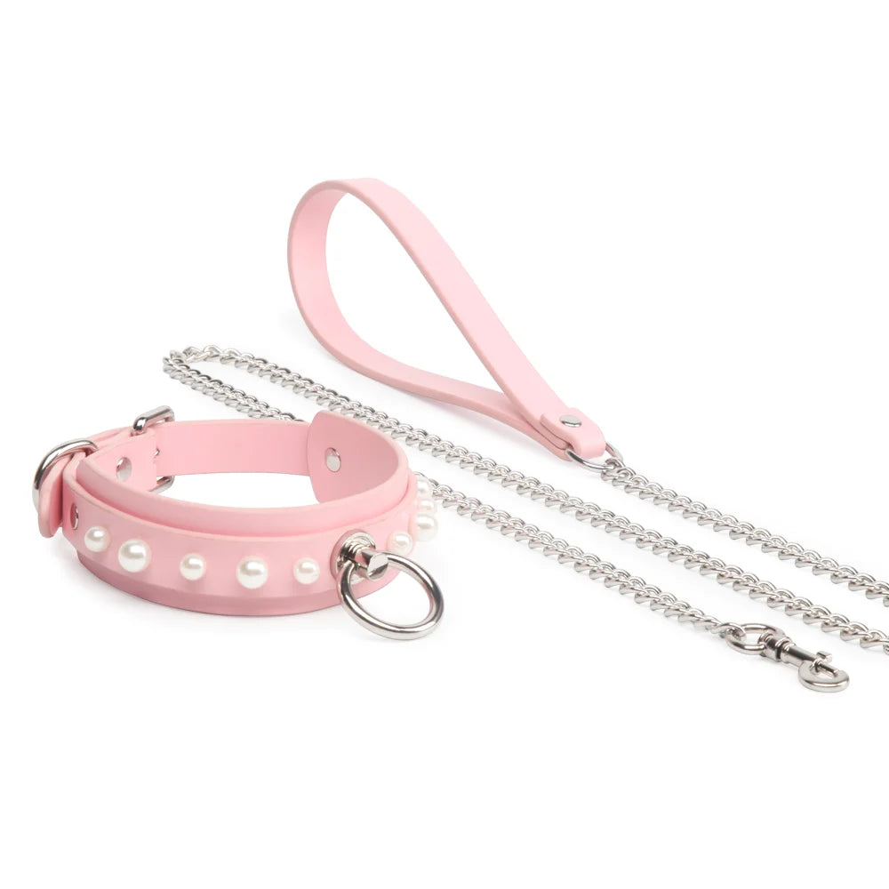 Pink pearl leather collar with matching leash full view