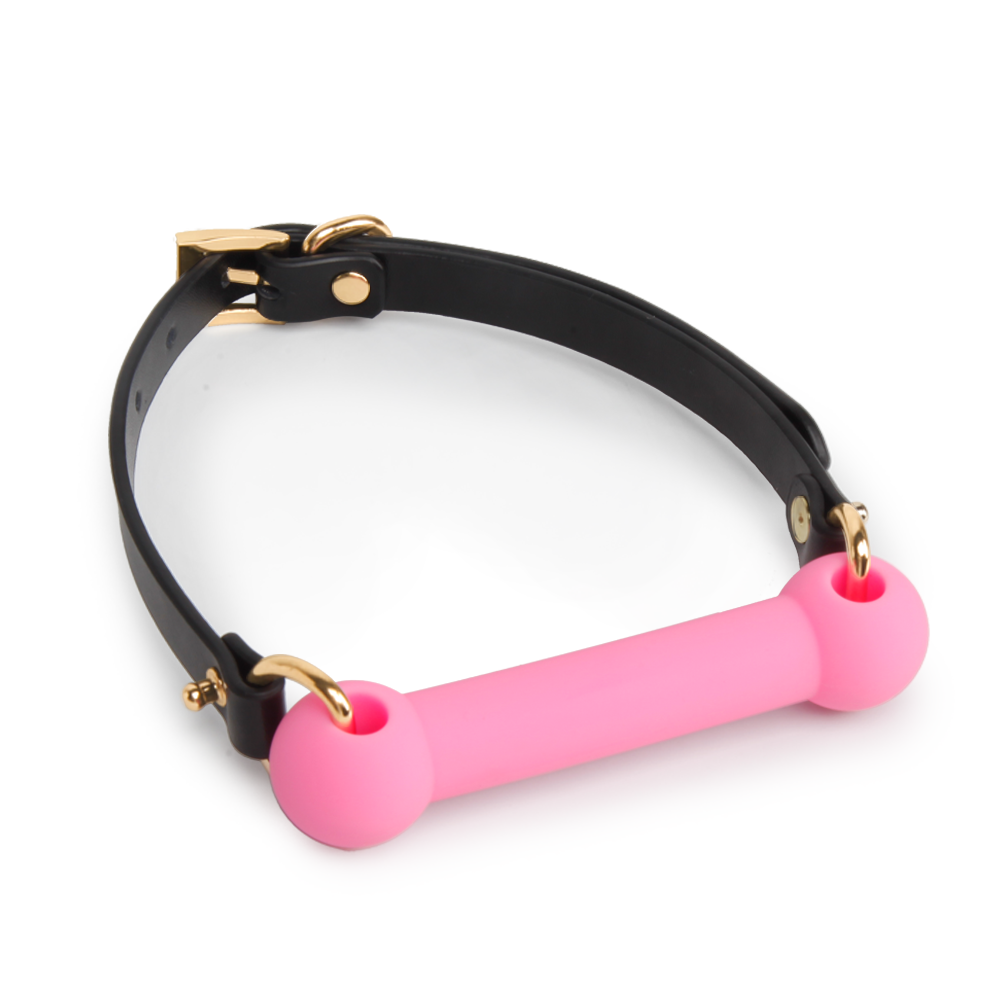 pink silicone gag paired with black leather strap demonstrating secure alignment