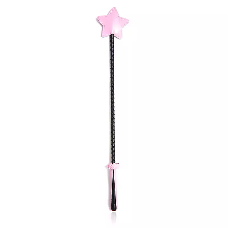 Front view of pink star riding crop showing 24.8-inch length