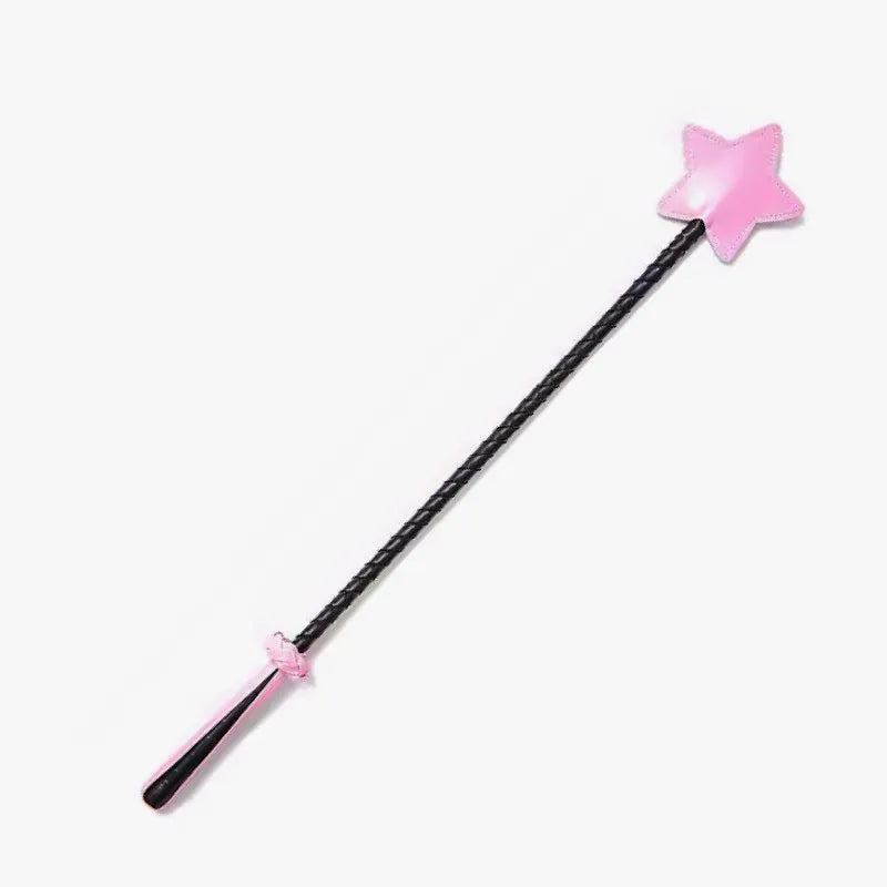 Pink star riding crop full view with handwoven shaft and star-shaped tip
