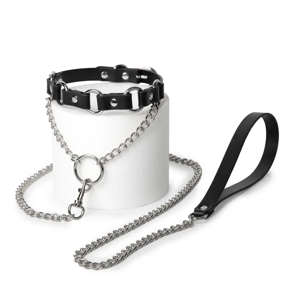Punk metal ring BDSM collar with leash full view