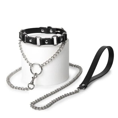 Punk metal ring BDSM collar with leash full view