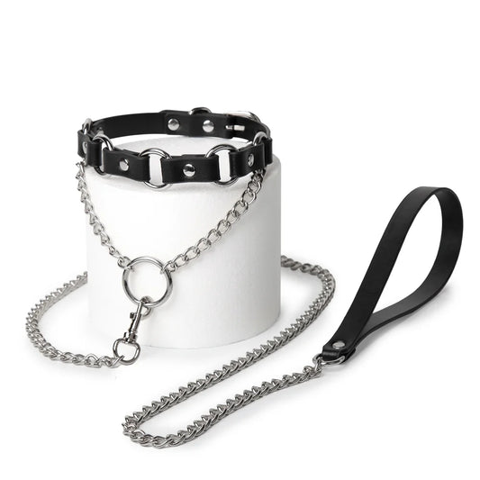 Punk metal ring BDSM collar with leash full view