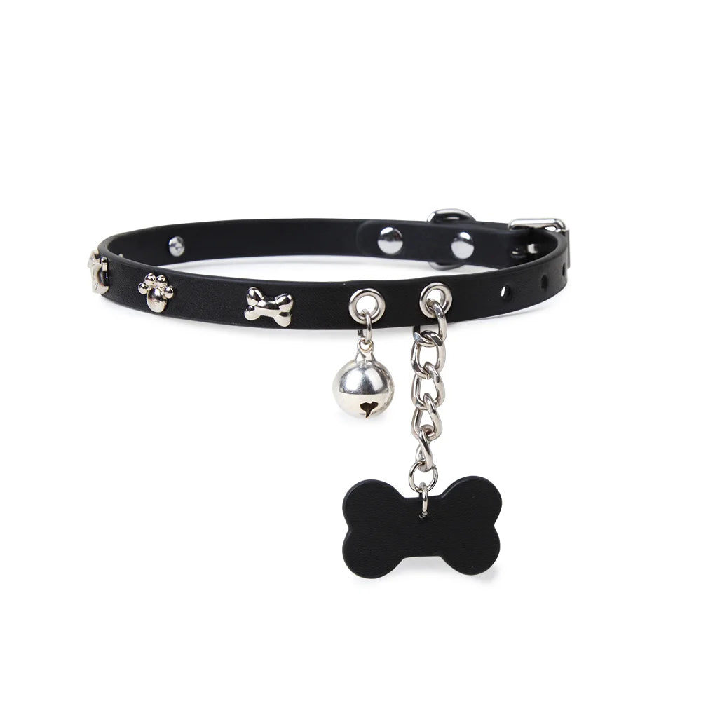Puppy bone leather BDSM collar full front view